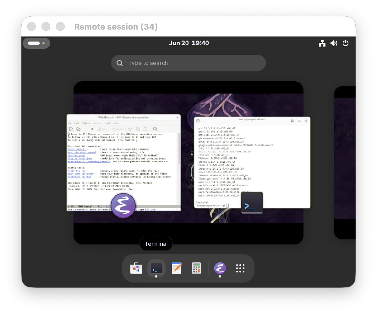 WarpStations Linux cloud desktop with development tools open